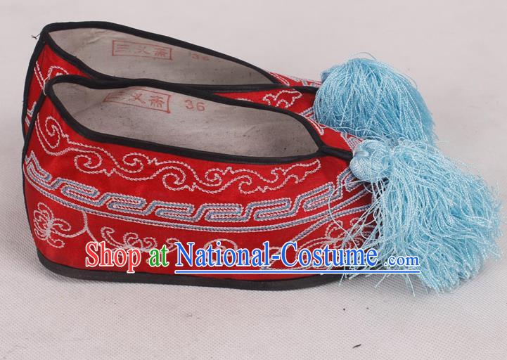 Chinese Traditional Beijing Opera Diva Embroidered Shoes Peking Opera Red Cloth Shoes for Women