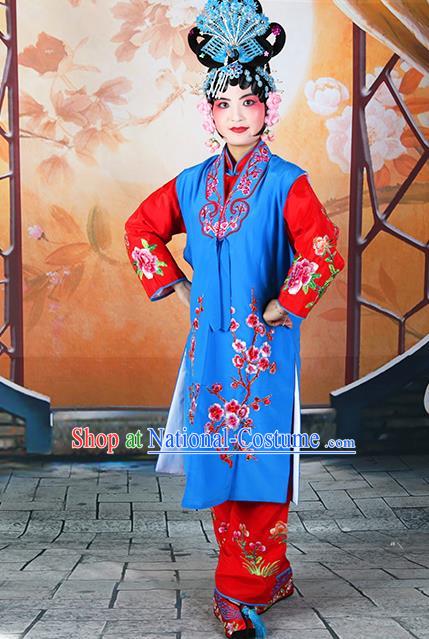 Professional Chinese Beijing Opera Maidservants Embroidered Plum Blossom Deep Blue Costumes for Adults