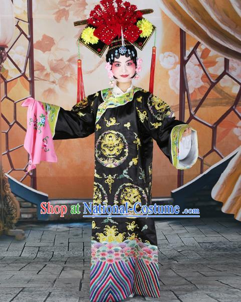 Professional Chinese Beijing Opera Qing Dynasty Empress Embroidered Black Costumes and Headwear for Adults