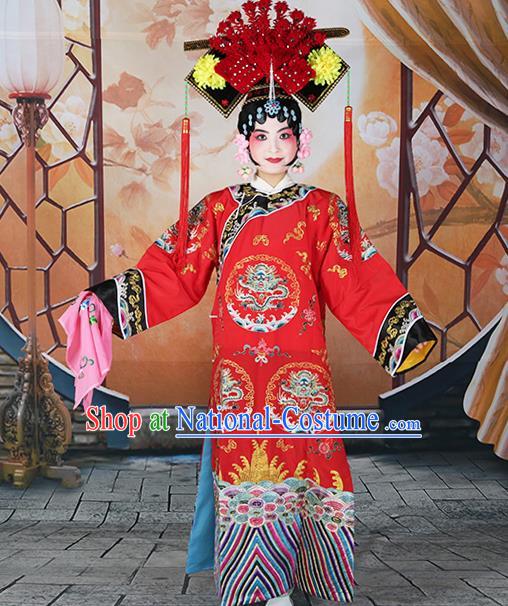 Professional Chinese Beijing Opera Qing Dynasty Empress Embroidered Red Costumes and Headwear for Adults