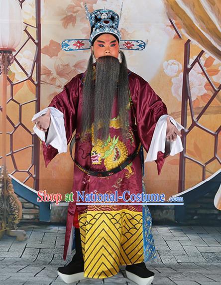 Professional Chinese Peking Opera Old Gentleman Costume Embroidered Robe and Hat for Adults