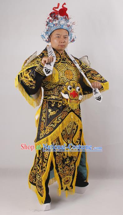 Professional Chinese Peking Opera General Black Embroidered Costume Beijing Opera Takefu Clothing and Hat for Adults