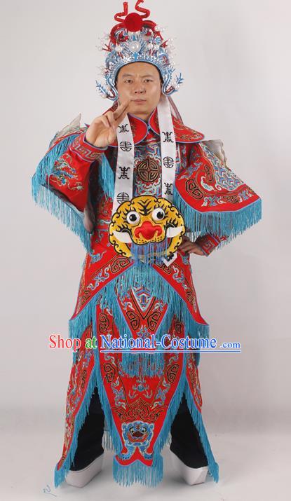 Professional Chinese Peking Opera General Red Embroidered Costume Beijing Opera Takefu Clothing and Hat for Adults