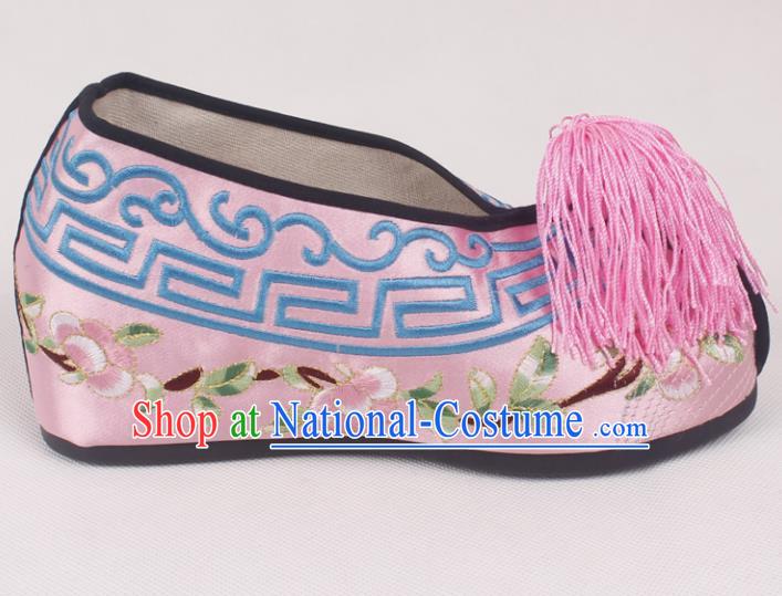 Chinese Traditional Beijing Opera Pink Embroidered Shoes Peking Opera Diva Blood Stained Shoes for Women