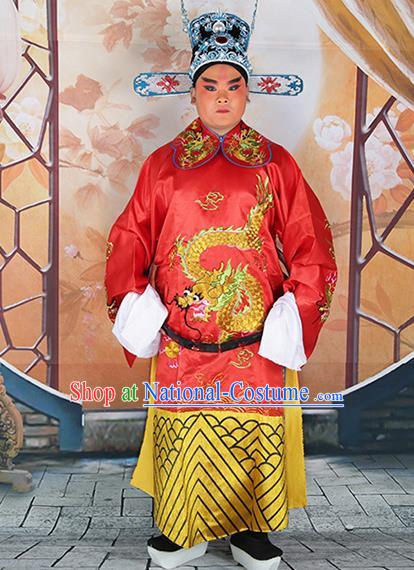 Professional Chinese Peking Opera Old Gentleman Costume Red Embroidered Robe and Hat for Adults