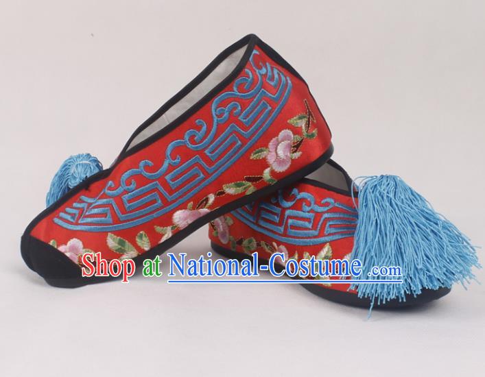 Chinese Traditional Beijing Opera Red Embroidered Shoes Peking Opera Diva Blood Stained Shoes for Women