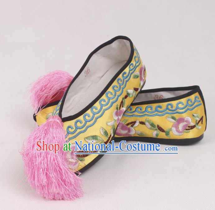 Chinese Traditional Beijing Opera Yellow Embroidered Shoes Peking Opera Diva Blood Stained Shoes for Women