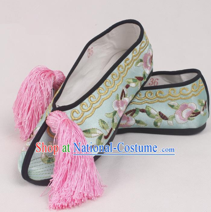 Chinese Traditional Beijing Opera Light Blue Embroidered Shoes Peking Opera Diva Blood Stained Shoes for Women