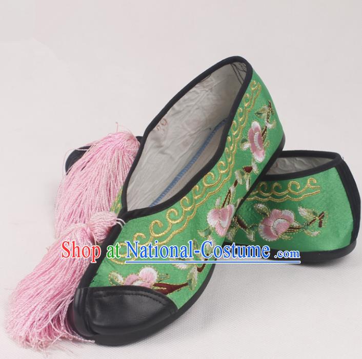 Chinese Traditional Beijing Opera Green Embroidered Shoes Peking Opera Diva Blood Stained Shoes for Women