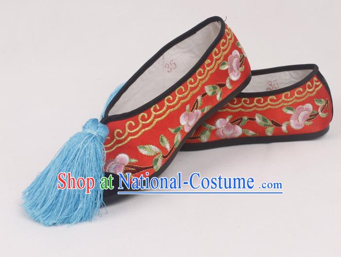 Chinese Traditional Beijing Opera Hanfu Red Embroidered Shoes Peking Opera Diva Blood Stained Shoes for Women