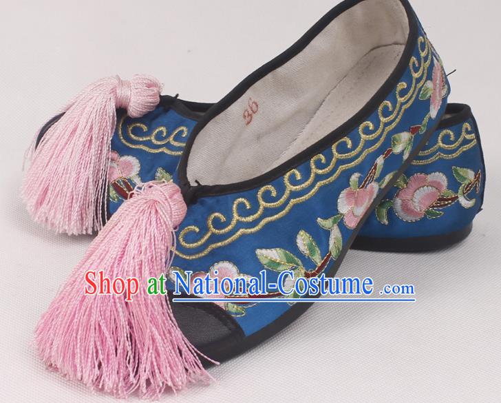 Chinese Traditional Beijing Opera Hanfu Blue Embroidered Shoes Peking Opera Diva Blood Stained Shoes for Women