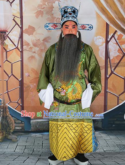 Professional Chinese Peking Opera Old Gentleman Costume Green Embroidered Robe and Hat for Adults