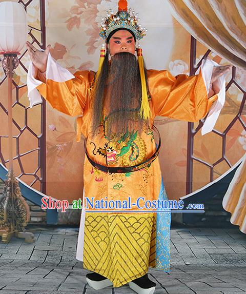 Professional Chinese Peking Opera Old Gentleman Costume Yellow Embroidered Robe and Hat for Adults