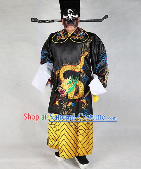 Professional Chinese Peking Opera Old Gentleman Costume Black Embroidered Robe and Hat for Adults