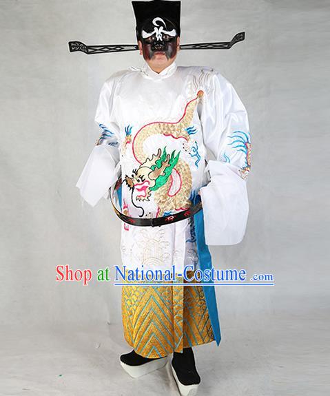 Professional Chinese Peking Opera Old Gentleman Costume White Embroidered Robe and Hat for Adults