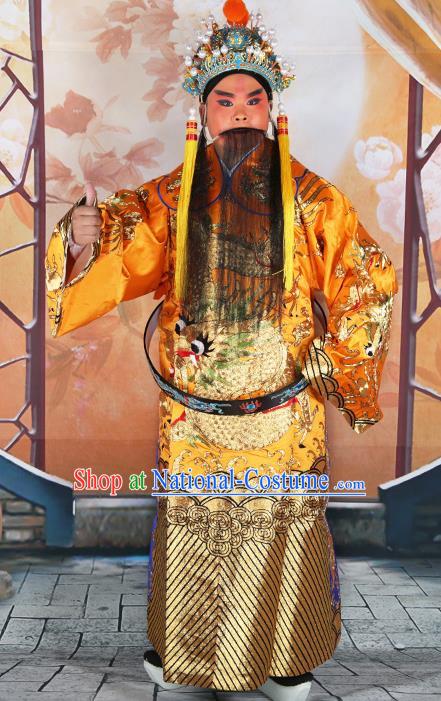 Professional Chinese Peking Opera Yellow Embroidered Robe Prime Minister Costumes and Hat for Adults