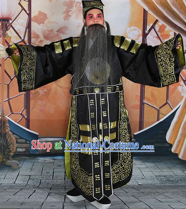 Professional Chinese Peking Opera Military Counsellor Costume Black Priest Robe and Hat for Adults