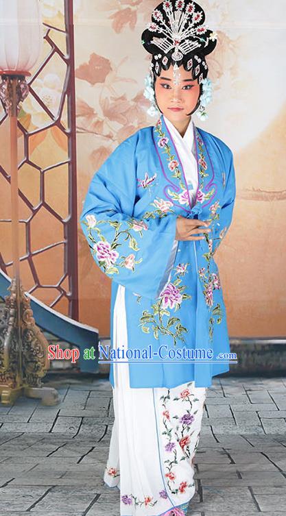 Professional Chinese Beijing Opera Actress Embroidered Peony Blue Costumes for Adults