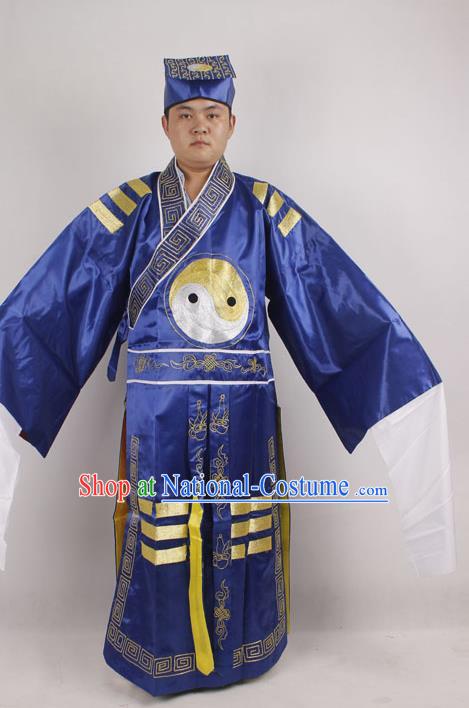 Professional Chinese Peking Opera Strategist Costume Embroidered Blue Robe and Hat for Adults