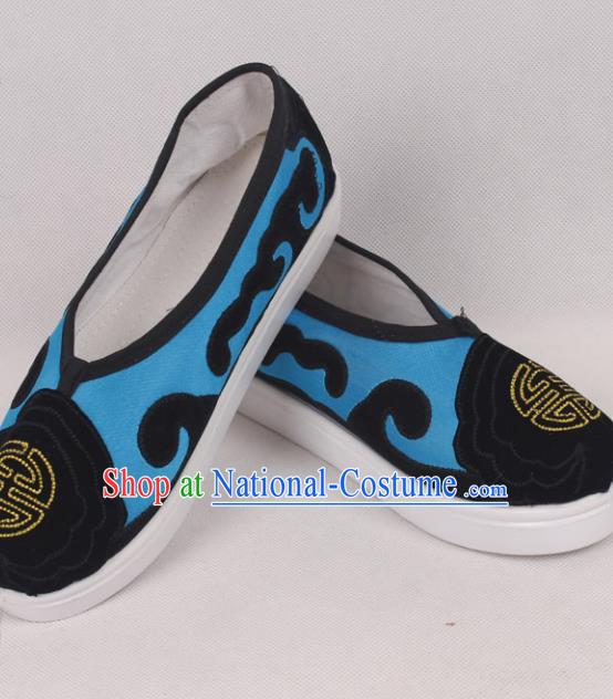 Chinese Traditional Beijing Opera Ministry Councillor Embroidered Shoes Peking Opera Blue Shoes for Men