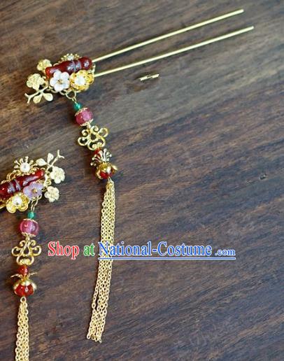 Chinese Handmade Ancient Hair Accessories Ancient Hanfu Agate Tassel Hairpins for Women