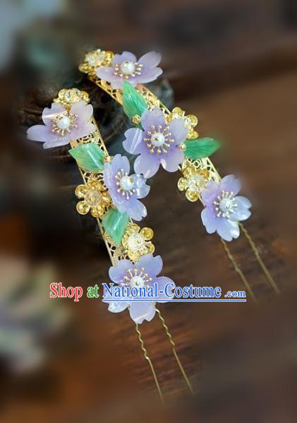 Chinese Handmade Ancient Hair Accessories Ancient Hanfu Purple Flowers Hairpins for Women