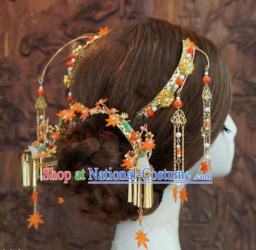 Chinese Handmade Ancient Wedding Hair Accessories Maple Leaf Hairpins Complete Set for Women