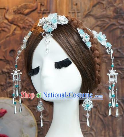 Chinese Handmade Ancient Wedding Hair Accessories Blue Hairpins Phoenix Coronet Complete Set for Women