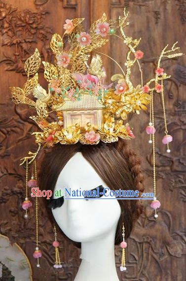 Chinese Handmade Wedding Hair Accessories Ancient Pink Flowers Phoenix Coronet Hairpins Complete Set for Women