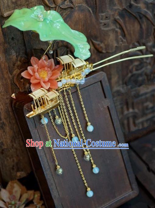 Chinese Handmade Ancient Hair Accessories Ancient Hanfu Boat Lotus Tassel Hairpins for Women