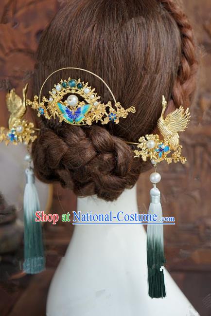 Chinese Handmade Wedding Hair Accessories Ancient Bride Blueing Butterfly Hairpins Complete Set for Women