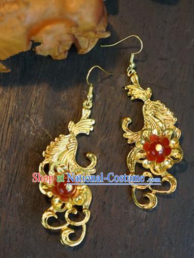 Chinese Handmade Ancient Bride Golden Earrings Jewelry Accessories for Women