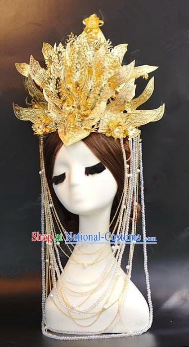 Chinese Traditional Ancient Palace Lady Golden Phoenix Coronet Queen Hairpins Headdress for Women