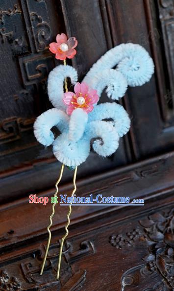 Chinese Handmade Hair Accessories Qing Dynasty Princess Blue Velvet Flowers Hairpins for Women