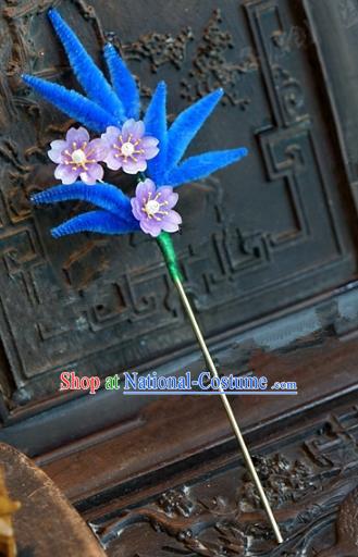 Chinese Handmade Hair Accessories Qing Dynasty Princess Blue Velvet Leaf Hairpins for Women