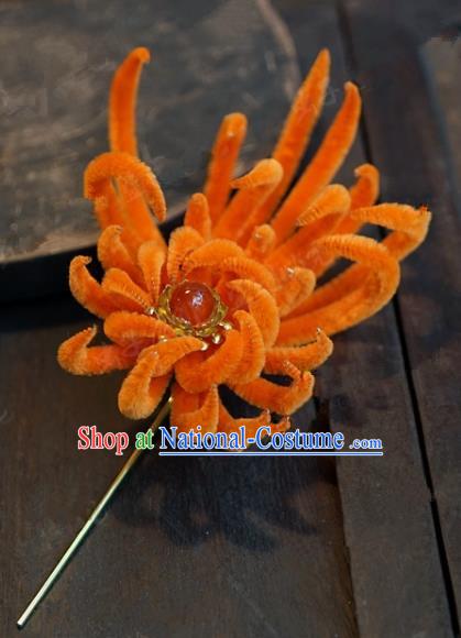 Chinese Handmade Ancient Hair Accessories Qing Dynasty Princess Orange Velvet Chrysanthemum Hairpins for Women