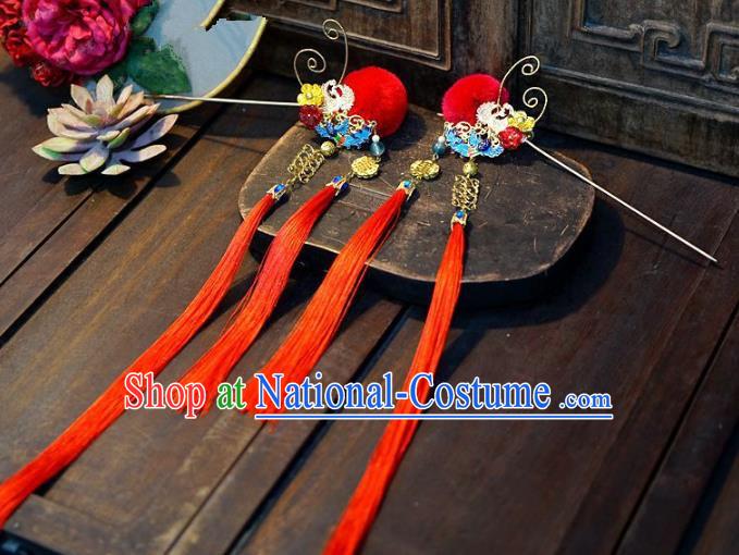 Chinese Handmade Ancient Hair Accessories Princess Red Tassel Hairpins for Women