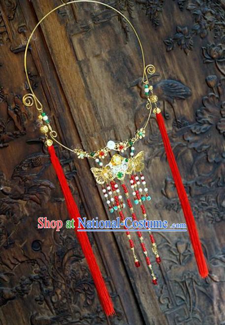 Chinese Handmade Jewelry Accessories Ancient Palace Lady Hanfu Red Tassel Butterfly Necklace for Women