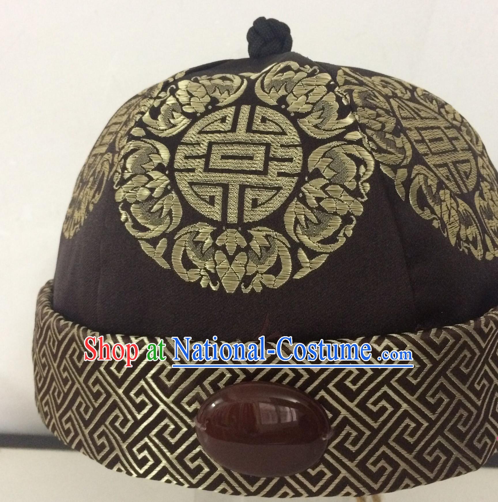 Chinese Traditional Handmade Silk Brocade Qing Dynasty Princess Jade Hat for Men