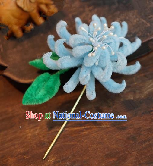 Chinese Handmade Ancient Hair Accessories Qing Dynasty Princess Blue Velvet Chrysanthemum Hairpins for Women