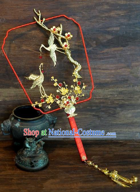 Top Grade Chinese Handmade Palace Fans Ancient Plum Blossom Cranes Round Fans for Women