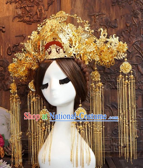 Chinese Handmade Wedding Hair Accessories Ancient Queen Golden Phoenix Coronet Tassel Hairpins Complete Set for Women