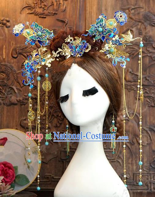 Chinese Handmade Wedding Phoenix Coronet Hair Accessories Ancient Cloisonne Hairpins Complete Set for Women