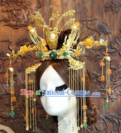 Chinese Handmade Wedding Golden Phoenix Coronet Hair Accessories Ancient Tassel Hairpins Complete Set for Women