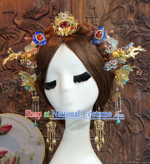 Chinese Handmade Wedding Blueing Hair Clip Hair Accessories Ancient Tassel Hairpins Complete Set for Women