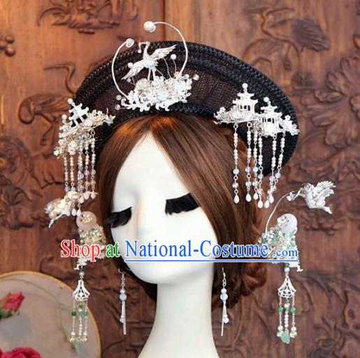 Chinese Ancient Handmade Hanfu Crane Hairpins Wedding Hair Accessories Complete Set for Women