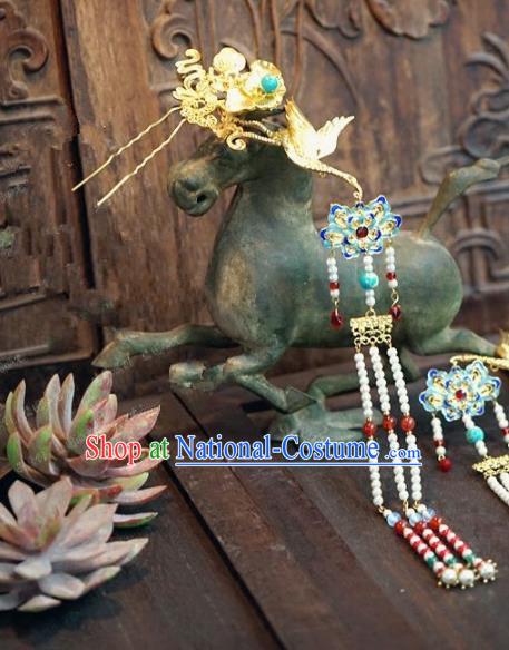 Chinese Handmade Ancient Hair Accessories Ancient Hanfu Cloisonne Lotus Tassel Hairpins for Women