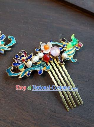 Chinese Ancient Handmade Blueing Hair Comb Hanfu Hairpins Wedding Hair Accessories for Women