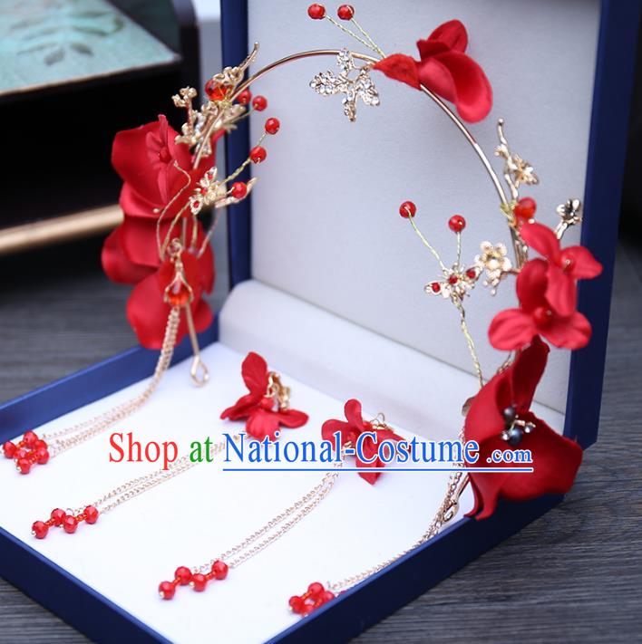 Top Grade Handmade Hair Accessories Bride Red Flowers Hair Clasp for Women