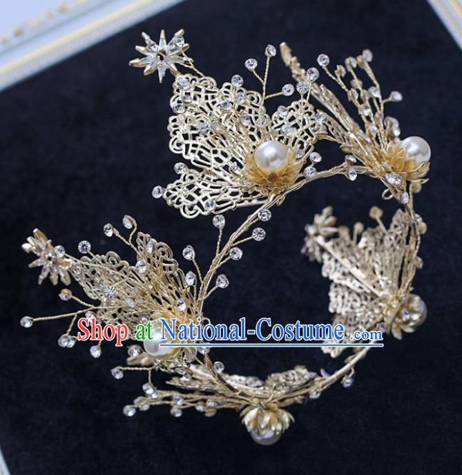 Handmade Baroque Bride Golden Round Royal Crown Wedding Hair Jewelry Accessories for Women